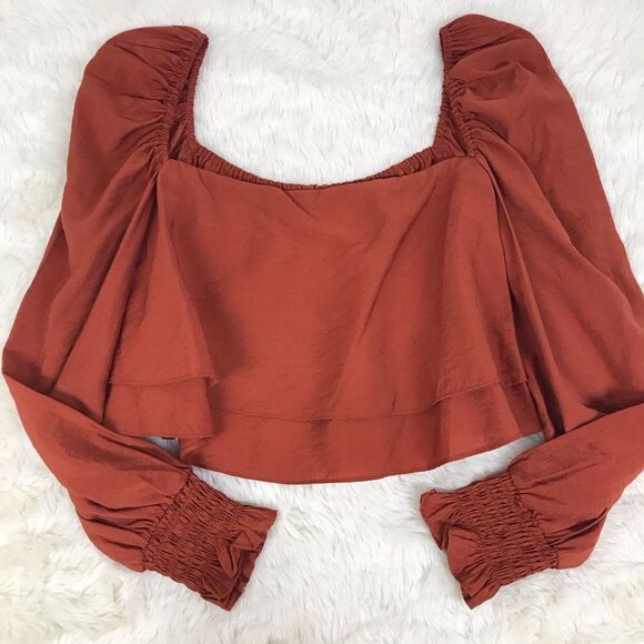 GIANNI BINI Burnt Orange Cropped Peasant Blouse Top Puff Sleeve Size Small New - Picture 4 of 13